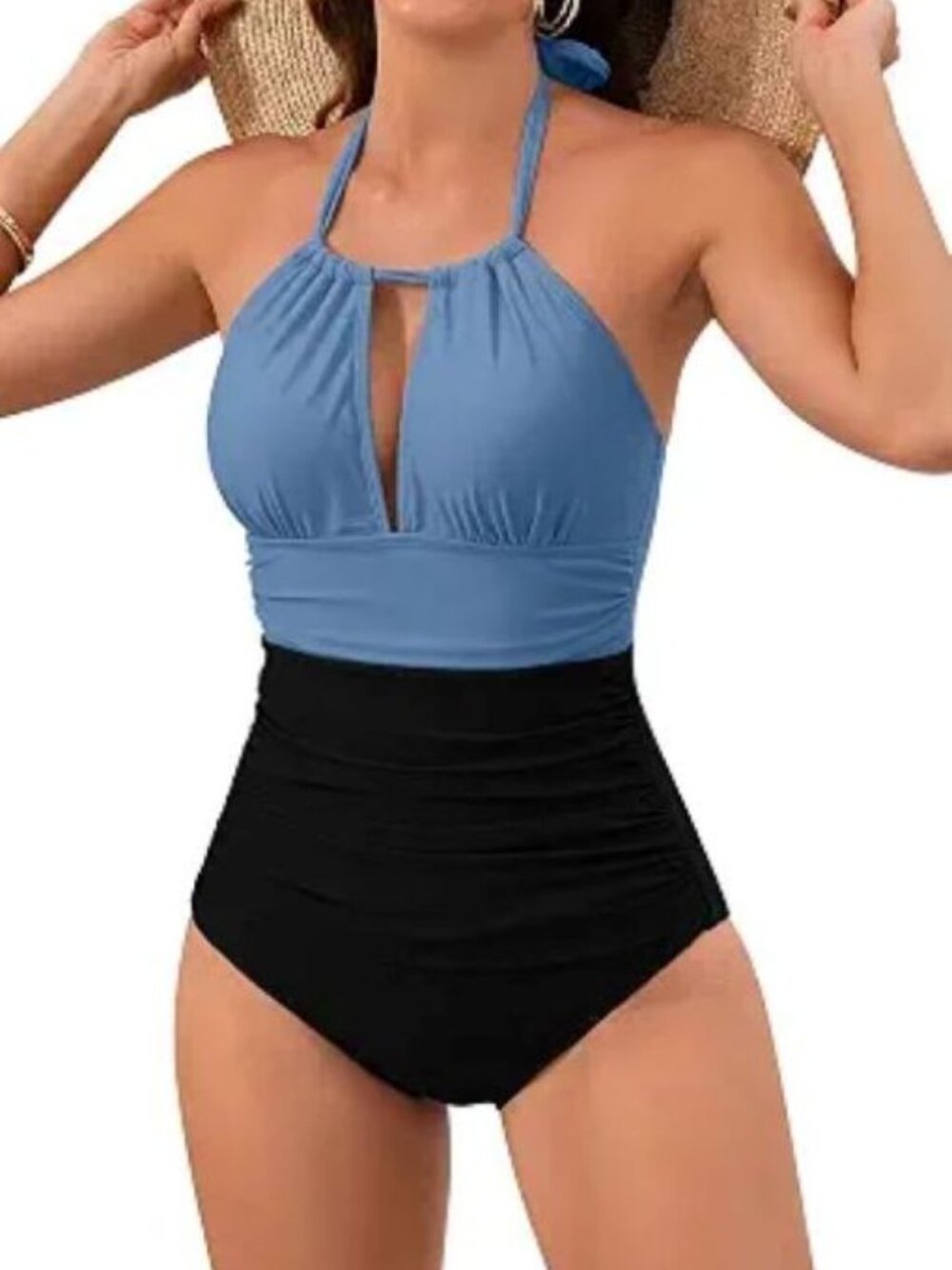 B2prity Women's Blue & Black One Piece Tummy Control Halter Bathing Suit Size-M